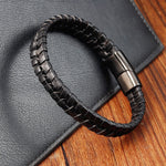 Buddha Stones Simple Braided Pattern Titanium Steel Strengthen Multi-layer Leather Buckle Bracelet