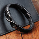 Buddha Stones Endless Knot Design Titanium Steel Strengthen Braided Leather Buckle Bracelet
