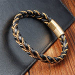 Buddha Stones Simple Design Titanium Steel Calm Braided Leather Buckle Bracelet