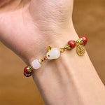 Buddha Stones Cinnabar Cute Rabbit Bunny Fu Character Charm Blessing Bracelet