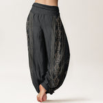 Buddha Stones Pure Cotton Lotus Flowers Double Dorje Vajra Namaste Om Design Women's Elastic Waist Harem Pants