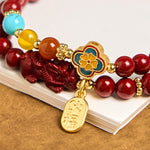 Buddha Stones Cinnabar PiXiu Fu Character Blessing Double Wrap Bracelet