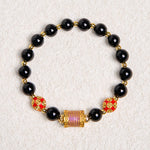 Buddha Stones Natural Black Onyx Five Scripture Copper Coins Fortune Bracelet