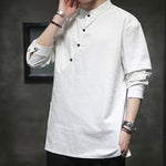 Buddha Stones Plain Lace-Up Simple Button Design Men's Long Sleeve Cotton Linen Shirt Clothing