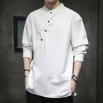 Buddha Stones Plain Lace-Up Simple Button Design Men's Long Sleeve Cotton Linen Shirt Clothing