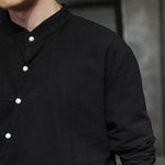 Buddha Stones Plain Lace-Up Simple Button Design Men's Long Sleeve Cotton Linen Shirt Clothing