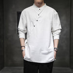 Buddha Stones Plain Lace-Up Simple Button Design Men's Long Sleeve Cotton Linen Shirt Clothing