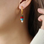 Buddha Stones Tibetan Marnyi Stone Design Natural Red Agate Pearl Confidence Titanium Steel Earrings