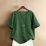 Buddha Stones Casual Summer Pure Color Jacquard Button Crew Neck Women's Short Sleeve T-Shirt