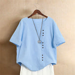 Buddha Stones Casual Summer Pure Color Jacquard Button Crew Neck Women's Short Sleeve T-Shirt