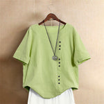 Buddha Stones Casual Summer Pure Color Jacquard Button Crew Neck Women's Short Sleeve T-Shirt