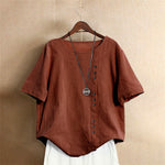 Buddha Stones Casual Summer Pure Color Jacquard Button Crew Neck Women's Short Sleeve T-Shirt
