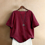 Buddha Stones Casual Summer Pure Color Jacquard Button Crew Neck Women's Short Sleeve T-Shirt