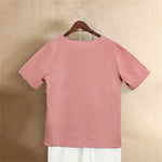 Buddha Stones Casual Summer Pure Color Jacquard Button Crew Neck Women's Short Sleeve T-Shirt