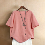 Buddha Stones Casual Summer Pure Color Jacquard Button Crew Neck Women's Short Sleeve T-Shirt