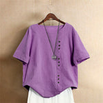 Buddha Stones Casual Summer Pure Color Jacquard Button Crew Neck Women's Short Sleeve T-Shirt