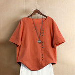 Buddha Stones Casual Summer Pure Color Jacquard Button Crew Neck Women's Short Sleeve T-Shirt