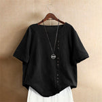 Buddha Stones Casual Summer Pure Color Jacquard Button Crew Neck Women's Short Sleeve T-Shirt