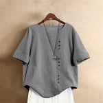 Buddha Stones Casual Summer Pure Color Jacquard Button Crew Neck Women's Short Sleeve T-Shirt