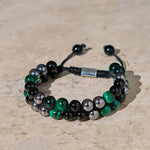 Buddha Stones Natural Green Tiger Eye Black Magnetite Black Obsidian Double Row Beads Positive Bracelet