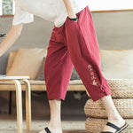 Buddha Stones Crane Embroidery Cotton Men's Cropped Harem Pants With Pockets