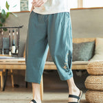 Buddha Stones Crane Embroidery Cotton Men's Cropped Harem Pants With Pockets