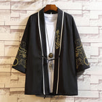 Buddha Stones Embroidery Dragon Phoenix Auspicious Cloud Waves Leaves Cranes Open Front Jacket Men's Kimono
