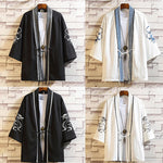 Buddha Stones Embroidery Dragon Phoenix Auspicious Cloud Waves Leaves Cranes Open Front Jacket Men's Kimono