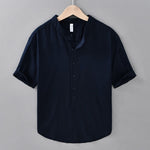 Buddha Stones Summer Solid Color Men's Half Button Short Sleeve Cotton Linen Shirt