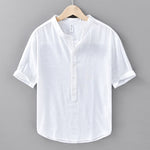 Buddha Stones Summer Solid Color Men's Half Button Short Sleeve Cotton Linen Shirt