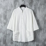 Buddha Stones Summer Solid Color Tang Suit Design Men's Half Sleeve Linen Shirt With Pockets