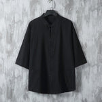 Buddha Stones Summer Solid Color Tang Suit Design Men's Half Sleeve Linen Shirt With Pockets