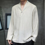 Buddha Stones Plain V-Neck Long Sleeve Men's Linen Shirt