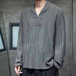 Buddha Stones Plain V-Neck Long Sleeve Men's Linen Shirt