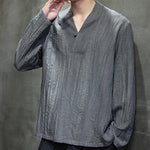Buddha Stones Plain V-Neck Long Sleeve Men's Linen Shirt