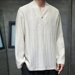 Buddha Stones Plain V-Neck Long Sleeve Men's Linen Shirt