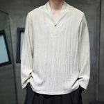 Buddha Stones Plain V-Neck Long Sleeve Men's Linen Shirt