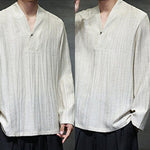 Buddha Stones Plain V-Neck Long Sleeve Men's Linen Shirt