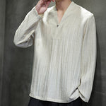 Buddha Stones Plain V-Neck Long Sleeve Men's Linen Shirt