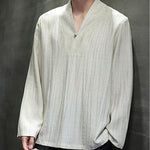 Buddha Stones Plain V-Neck Long Sleeve Men's Linen Shirt