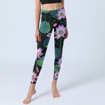 Buddha Stones Blooming Light Purple Lotus Flower Lotus Leaves Koi Fish Pattern Print Gym Leggings Women's Yoga Pants