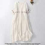 Buddha Stones Solid Color Embroidery Short Sleeve Cotton Midi Dress With Pockets