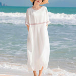 Buddha Stones Solid Color Embroidery Short Sleeve Cotton Midi Dress With Pockets