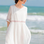 Buddha Stones Solid Color Embroidery Short Sleeve Cotton Midi Dress With Pockets
