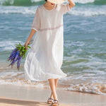 Buddha Stones Solid Color Embroidery Short Sleeve Cotton Midi Dress With Pockets