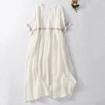 Buddha Stones Solid Color Embroidery Short Sleeve Cotton Midi Dress With Pockets
