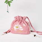 Buddha Stones Embroidered Light Pink Lotus Cotton Linen Crossbody Bag Shoulder Bag