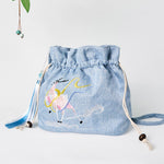 Buddha Stones Embroidered Light Blue Fairy Deer Auspicious Clouds Cotton Linen Crossbody Bag Shoulder Bag