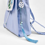 Buddha Stones Handmade Blue Magnolia Embroidered Large Capacity Canvas Backpack