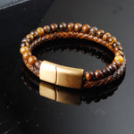 Buddha Stones Multi-layer Woven Tiger Eye Stone Beads Leather Titanium Steel Strength Buckle Bracelet